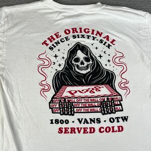 Vans T Shirt Mens Medium White Red Skull Grim Reaper Pizza Graphic Surf Skate